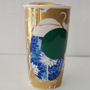 Starbucks 2014 gold blue white Chrysanthemum floral travel go cup